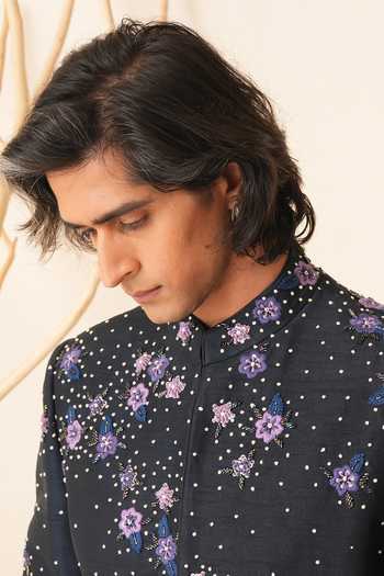 Shreyansh Designs_Blue Dupion, Silk Embroidery Ruslan Bandhgala Set _at_Aza_Fashions
