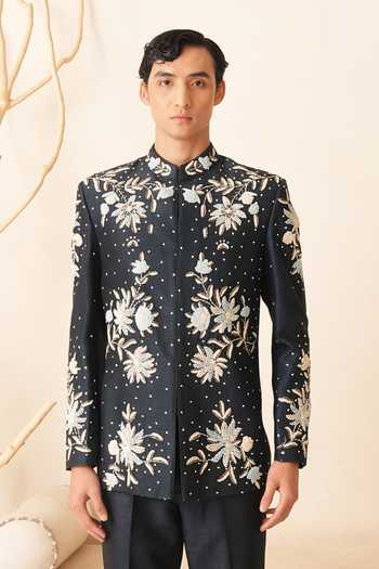Buy_Shreyansh Designs_Blue Silk, Dupion Pearls, Stones, Cut Work Radmir Embroidered Bandhgala Set _Online_at_Aza_Fashions