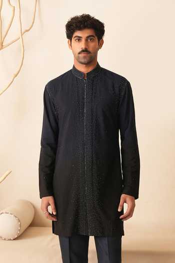 Buy_Shreyansh Designs_Black Silk, Cotton Ravyn Hand Embroidered Kurta Set _Online_at_Aza_Fashions