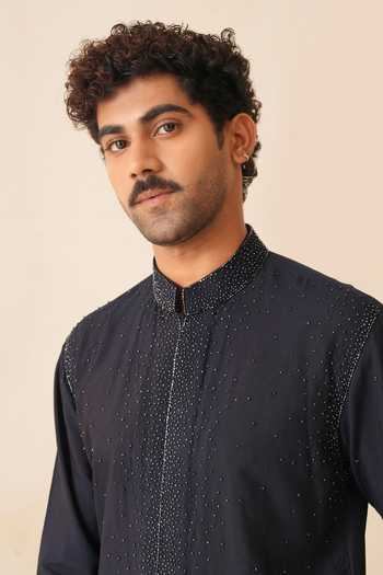 Shop_Shreyansh Designs_Black Silk, Cotton Ravyn Hand Embroidered Kurta Set _Online_at_Aza_Fashions