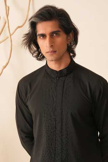 Shreyansh Designs_Black Silk, Cotton Lio French Knot Embroidered Kurta Set _Online_at_Aza_Fashions