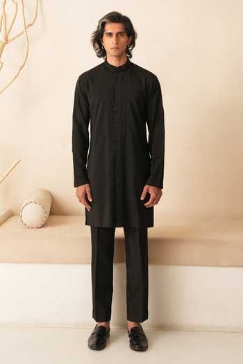 Buy_Shreyansh Designs_Black Silk, Cotton Lio French Knot Embroidered Kurta Set _Online_at_Aza_Fashions