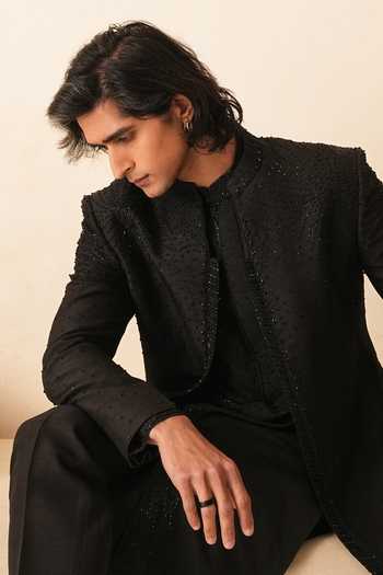 Buy_Shreyansh Designs_Black Silk, Dupion Embroidery, Beads Leonzio Bandhgala And Kurta Set _Online_at_Aza_Fashions