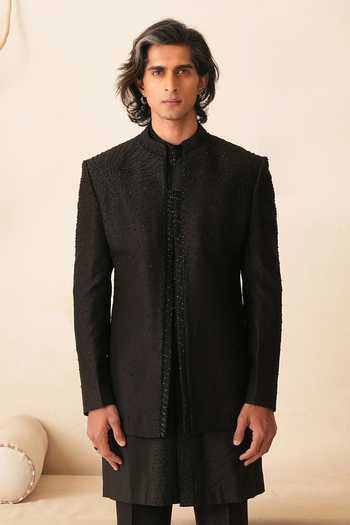 Shop_Shreyansh Designs_Black Silk, Dupion Embroidery, Beads Leonzio Bandhgala And Kurta Set _Online_at_Aza_Fashions