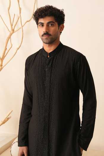 Shreyansh Designs_Black Silk, Cotton Evander Glass Bead Embroidered Kurta Set _Online_at_Aza_Fashions