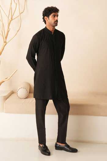 Buy_Shreyansh Designs_Black Silk, Cotton Evander Glass Bead Embroidered Kurta Set _Online_at_Aza_Fashions
