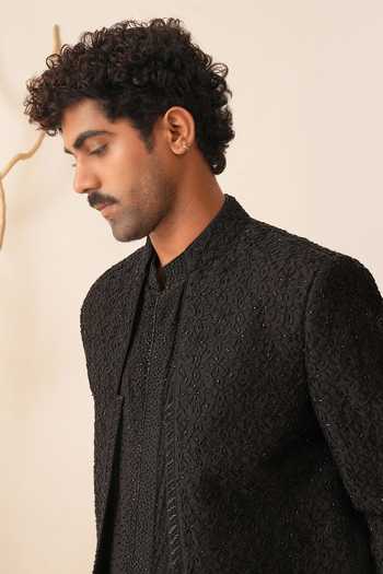 Shreyansh Designs_Black Silk, Dupion Embroidery, Beads Bandhgala And Kurta Set _Online_at_Aza_Fashions