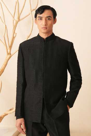 Shreyansh Designs_Black Silk, Dupion Embroidery Nicolas French Knot Bandhgala Set _Online_at_Aza_Fashions