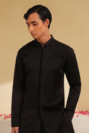 Shreyansh Designs_Black Silk French Knot Embroidered Kurta And Pant Set _Online_at_Aza_Fashions