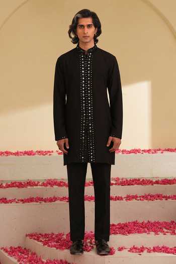 Buy_Shreyansh Designs_Black Silk, Cotton Yuri Mirror Work Kurta And Pant Set _Online_at_Aza_Fashions