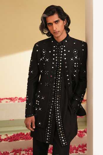 Shreyansh Designs_Black Dupion Embroidery, Beads, Mirrors Ardein Work Bandhgala And Kurta Set _Online_at_Aza_Fashions