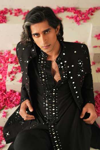 Shop_Shreyansh Designs_Black Dupion Embroidery, Beads, Mirrors Ardein Work Bandhgala And Kurta Set _Online_at_Aza_Fashions
