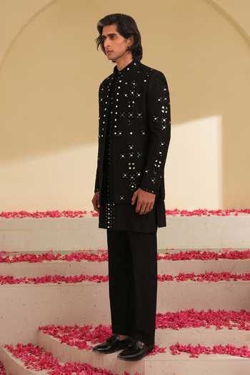 Shreyansh Designs_Black Dupion Embroidery, Beads, Mirrors Ardein Work Bandhgala And Kurta Set _at_Aza_Fashions