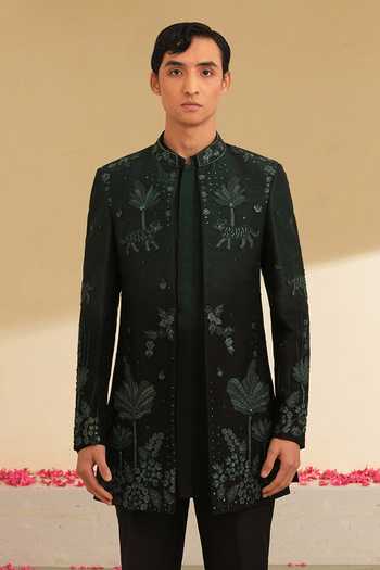 Shreyansh Designs_Green Silk, Dupion Embroidery Mikhail Botanic Bandhgala Set _Online_at_Aza_Fashions