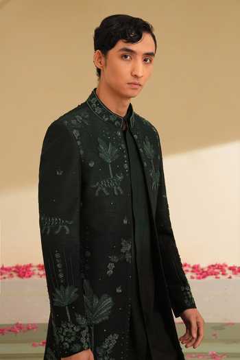 Buy_Shreyansh Designs_Green Silk, Dupion Embroidery Mikhail Botanic Bandhgala Set _Online_at_Aza_Fashions