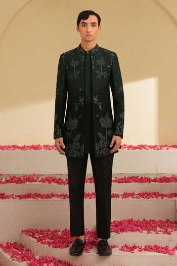 Shreyansh Designs_Green Silk, Dupion Embroidery Mikhail Botanic Bandhgala Set _at_Aza_Fashions