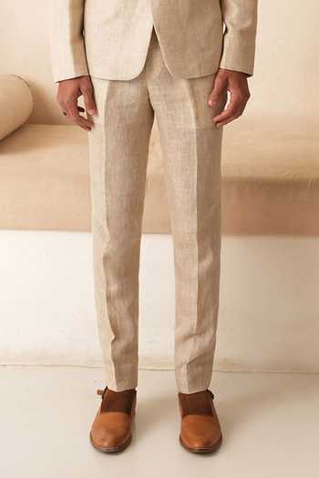 Shreyansh Designs_Beige Linen Victor Embroidered Blazer And Pant Set _Online_at_Aza_Fashions