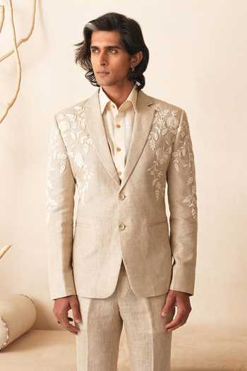 Buy_Shreyansh Designs_Beige Linen Victor Embroidered Blazer And Pant Set _Online_at_Aza_Fashions