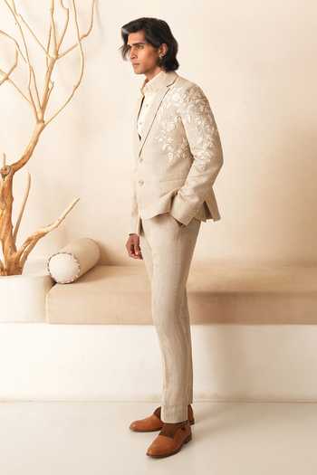 Shop_Shreyansh Designs_Beige Linen Victor Embroidered Blazer And Pant Set _Online_at_Aza_Fashions
