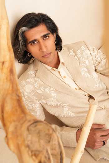 Shreyansh Designs_Beige Linen Victor Embroidered Blazer And Pant Set _at_Aza_Fashions