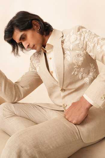 Buy_Shreyansh Designs_Beige Linen Victor Embroidered Blazer And Pant Set 