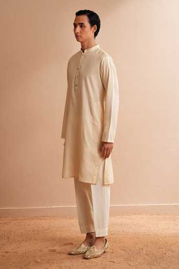 Buy_Shreyansh Designs_White Silk, Cotton Yermark Kurta And Pant Set _Online_at_Aza_Fashions