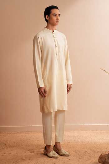 Shop_Shreyansh Designs_White Silk, Cotton Yermark Kurta And Pant Set _Online_at_Aza_Fashions
