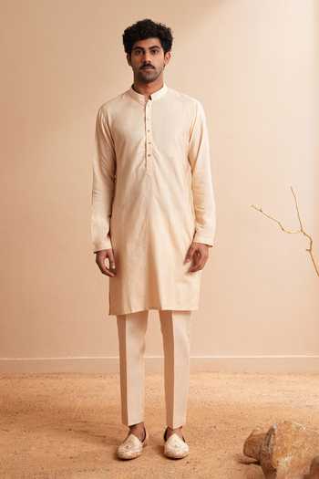 Buy_Shreyansh Designs_Rose Gold Silk, Cotton Azoure Plain Kurta Set _Online_at_Aza_Fashions