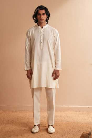 Shop_Shreyansh Designs_White Silk, Cotton Stanis Kurta And Pant Set _Online_at_Aza_Fashions