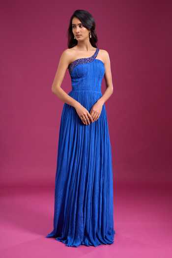 Naintara Bajaj_Blue Chinon One Shoulder Gown _Online_at_Aza_Fashions