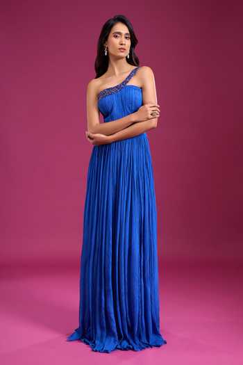 Buy_Naintara Bajaj_Blue Chinon One Shoulder Gown _Online_at_Aza_Fashions