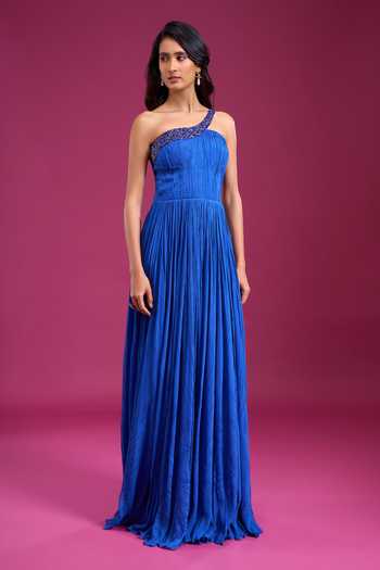 Shop_Naintara Bajaj_Blue Chinon One Shoulder Gown _Online_at_Aza_Fashions