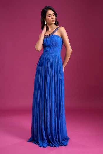 Buy_Naintara Bajaj_Blue Chinon One Shoulder Gown 