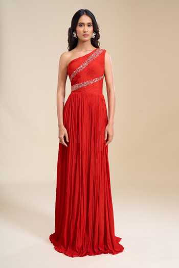 Naintara Bajaj Orange Chinon Sequins, Beads One Asymmetric Bodice Hand Embroidered Gown Online at Aza Fashions Naintara Bajaj_Orange Chinon Sequins, Beads One Asymmetric Bodice Hand Embroidered Gown _Online_at_Aza_Fashions