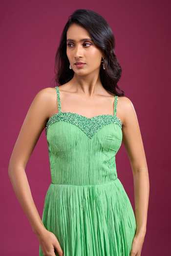 Naintara Bajaj_Green Chinon Embroidery, Beads Sweetheart Neck Pleated Hand Gown _Online_at_Aza_Fashions