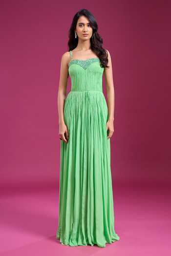 Buy_Naintara Bajaj_Green Chinon Embroidery, Beads Sweetheart Neck Pleated Hand Gown _Online_at_Aza_Fashions