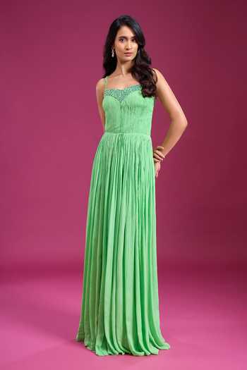 Shop_Naintara Bajaj_Green Chinon Embroidery, Beads Sweetheart Neck Pleated Hand Gown _Online_at_Aza_Fashions