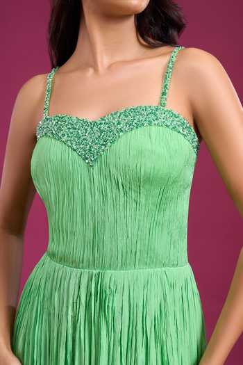 Naintara Bajaj_Green Chinon Embroidery, Beads Sweetheart Neck Pleated Hand Gown _at_Aza_Fashions