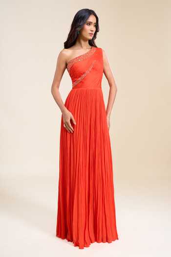 Naintara Bajaj Orange Chinon Sequins One Shoulder Hand Embroidered Flared Gown Online at Aza Fashions Naintara Bajaj_Orange Chinon Sequins One Shoulder Hand Embroidered Flared Gown _Online_at_Aza_Fashions