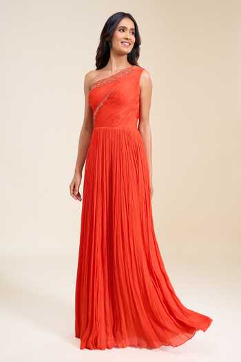Naintara Bajaj Orange Chinon Sequins One Shoulder Hand Embroidered Flared Gown at Aza Fashions Naintara Bajaj_Orange Chinon Sequins One Shoulder Hand Embroidered Flared Gown _at_Aza_Fashions