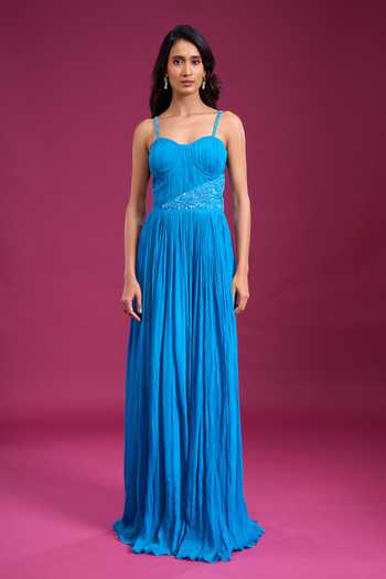 Naintara Bajaj_Sky Blue Chinon Sequins, Beads Sweetheart Neck Hand Embroidered Bodice Gown _at_Aza_Fashions
