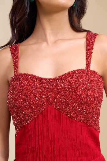 Naintara Bajaj_Red Chinon Sequins Sweetheart Neck Bodice Gown _Online_at_Aza_Fashions