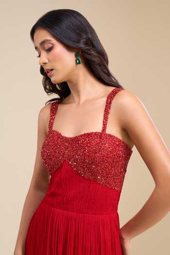 Naintara Bajaj_Red Chinon Sequins Sweetheart Neck Bodice Gown _at_Aza_Fashions