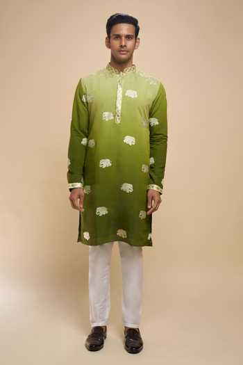 Buy_Arihant Rai Sinha_Green Silk, Cotton Embroidered Kurta And Pant Set _Online_at_Aza_Fashions