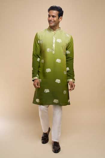 Shop_Arihant Rai Sinha_Green Silk, Cotton Embroidered Kurta And Pant Set _Online_at_Aza_Fashions