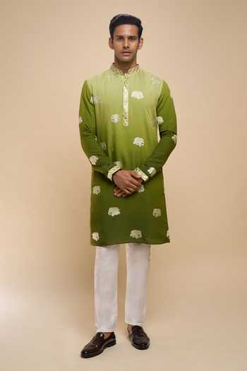Arihant Rai Sinha_Green Silk, Cotton Embroidered Kurta And Pant Set _at_Aza_Fashions