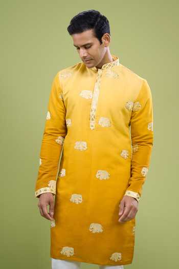 Arihant Rai Sinha_Yellow Cotton Lace Embroidered Kurta And Pant Set _Online_at_Aza_Fashions