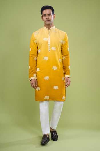Buy_Arihant Rai Sinha_Yellow Cotton Lace Embroidered Kurta And Pant Set _Online_at_Aza_Fashions