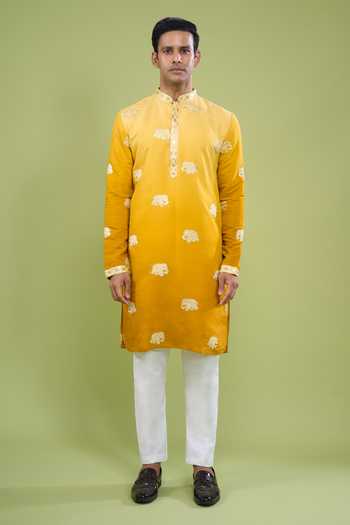 Shop_Arihant Rai Sinha_Yellow Cotton Lace Embroidered Kurta And Pant Set _Online_at_Aza_Fashions