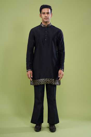 Buy_Arihant Rai Sinha_Black Silk Lace Plain Kurta And Pant Set _Online_at_Aza_Fashions